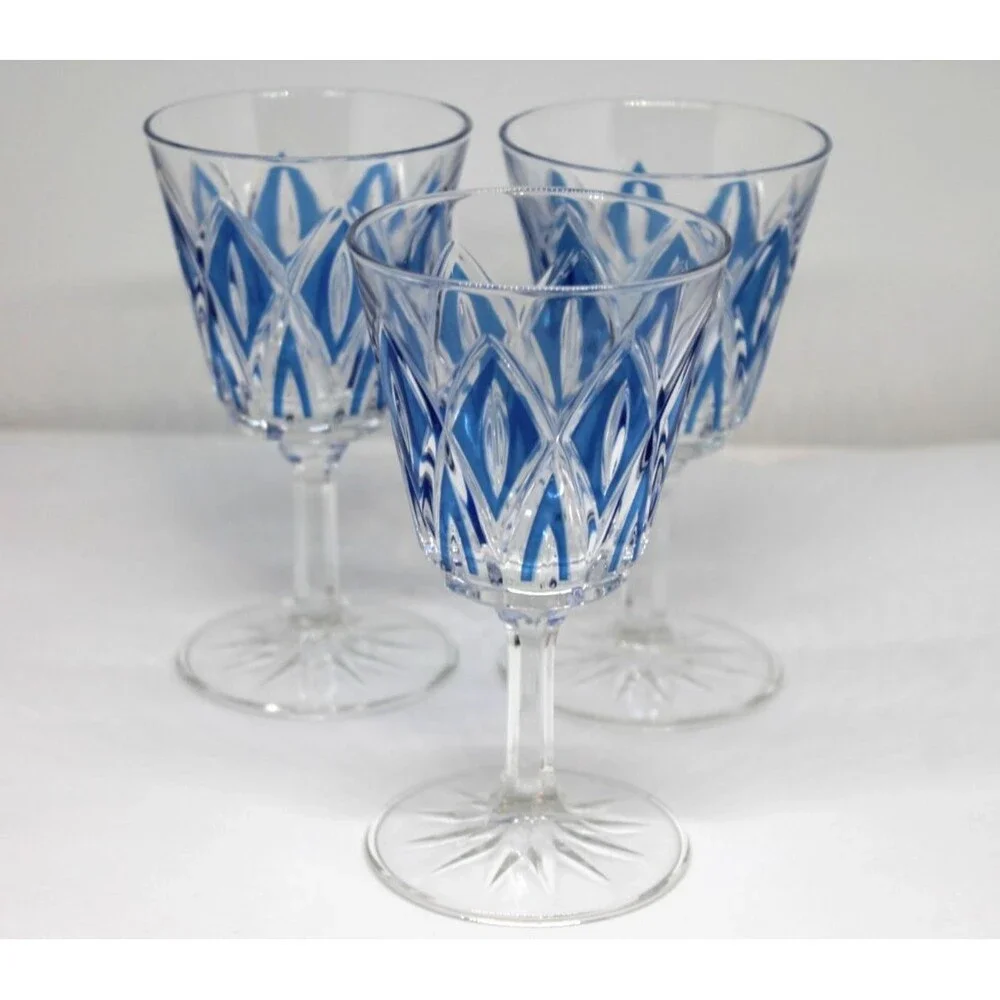 50’s MCM French Diamond Cut Crystal Wine Glasses by VMC Reims S/3 Blue